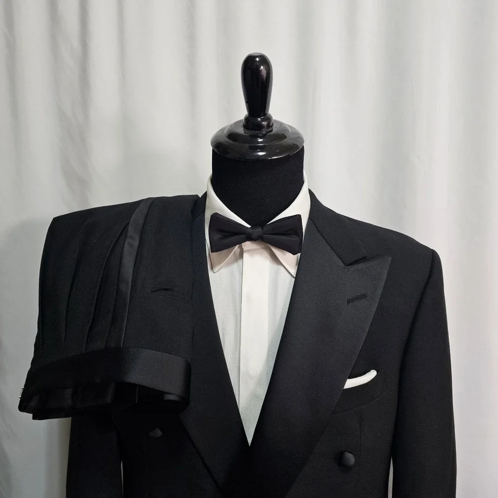 Vtg Nordstrom Tuxedo Suit Double Breasted 41R Pants 34x33 Satin Stripe USA Wool